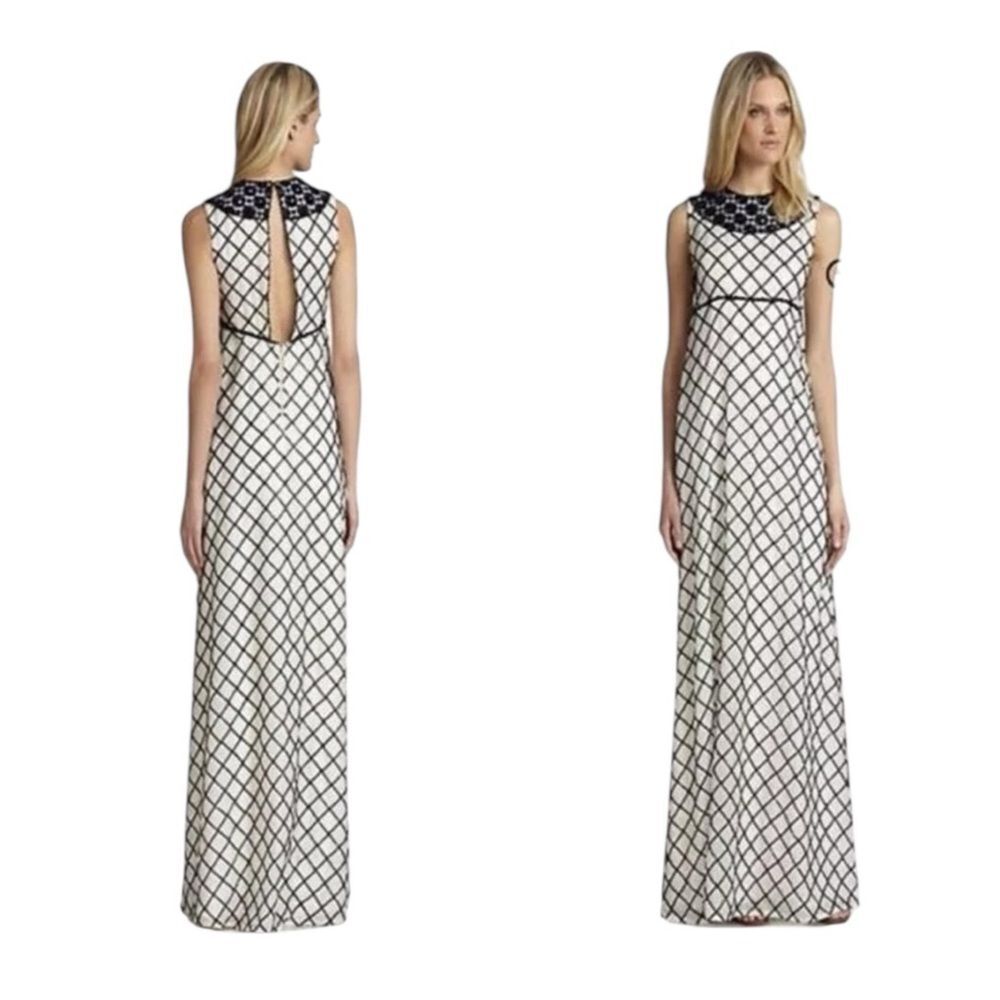 Tory Burch Madeline Gown Silk Ivory Black Navy Beaded Evening Gown Size 10 New